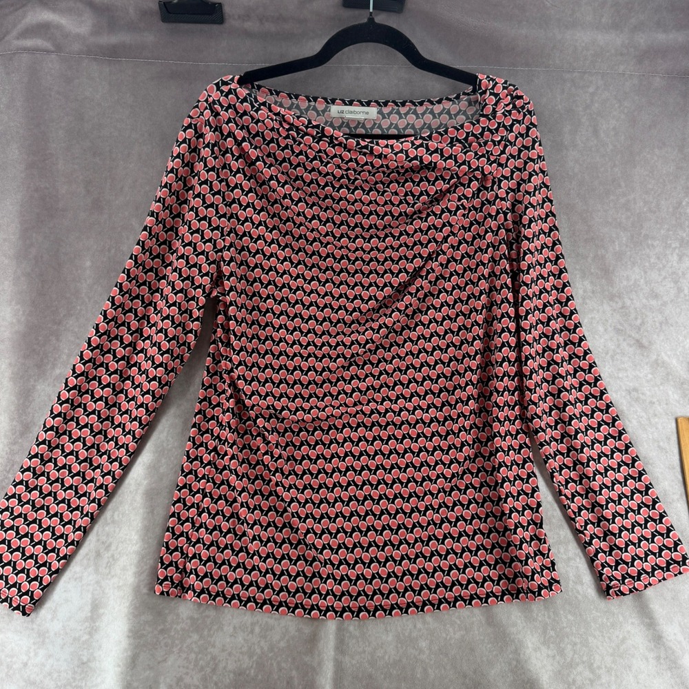 Liz Claiborne Womens Large Pink Black Geometric Dot Boat Neck Long Sleeve Top